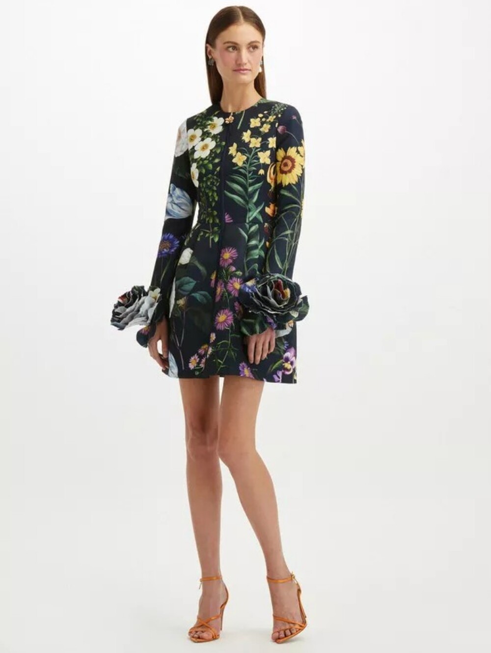 Oscar de la Renta Black Floral Rosette Long-Sleeve Mini Dress with Ruffle Cuffs